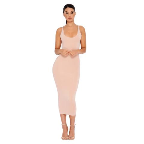 Right Back Atcha Backless Double Layered Midi Dress In Blush