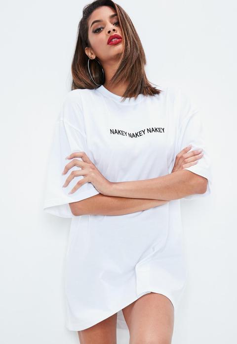 White Nakey Nakey Nakey Slogan Oversized T Shirt Dress, White
