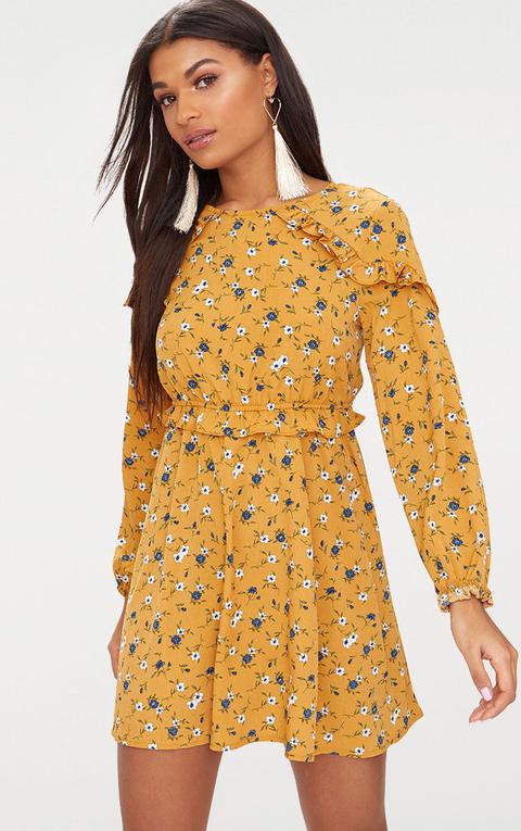 Mustard Floral Frill Long Sleeve Shift 