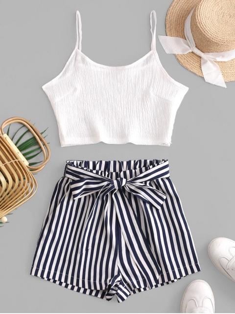 Conjunto De Top Corta Y Shorts A Rayas Con Cinturón White