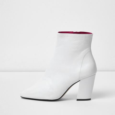 White Block Heel Leather Ankle Boots