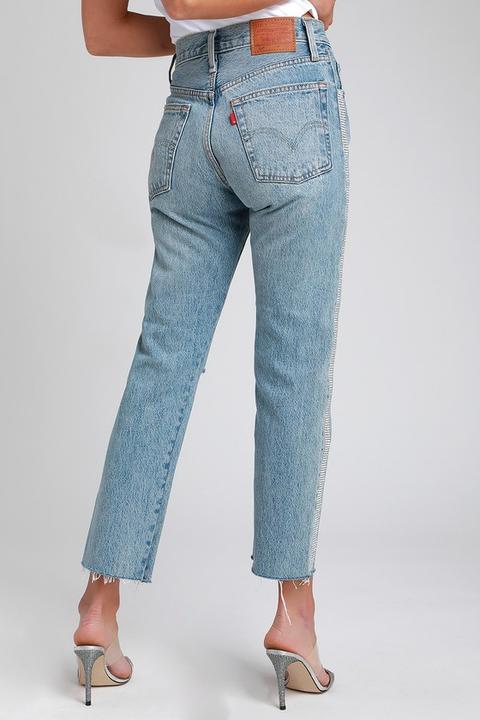 501 Crop Straight Medium Wash Distressed Rhinestone Jeans - Lulus