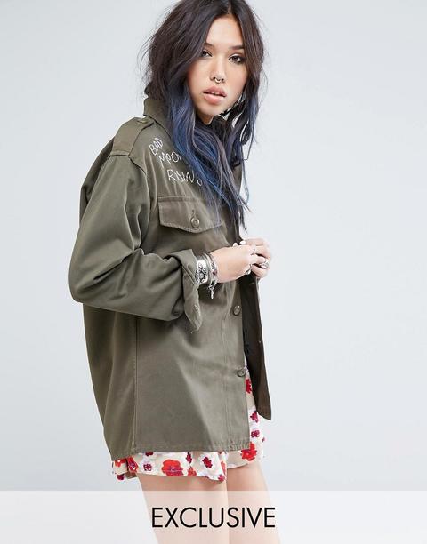 Chaqueta Tipo Camisa Militar Extragrande Vintage Con Bordado De Luna Creciente De Milk It