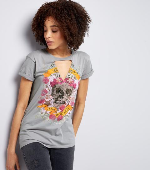 Grey Floral Skull Print Choker Neck T-shirt