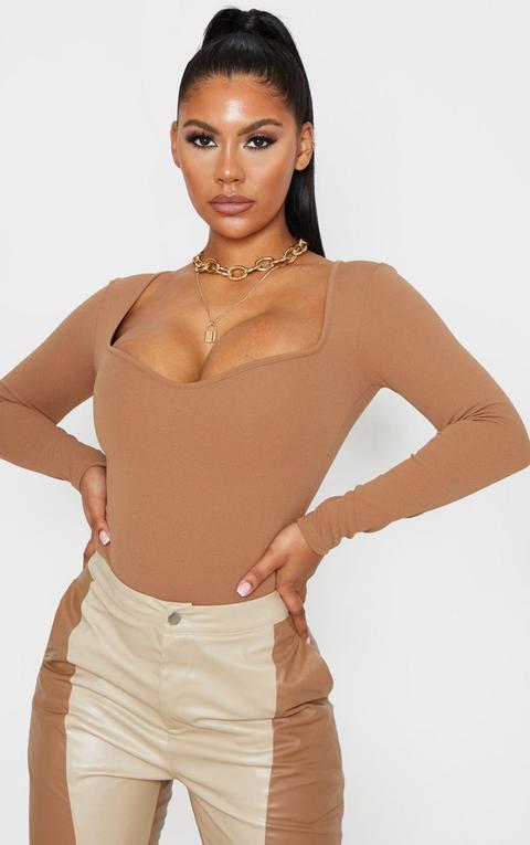 Mocha Crepe V Neck Long Sleeve Bodysuit