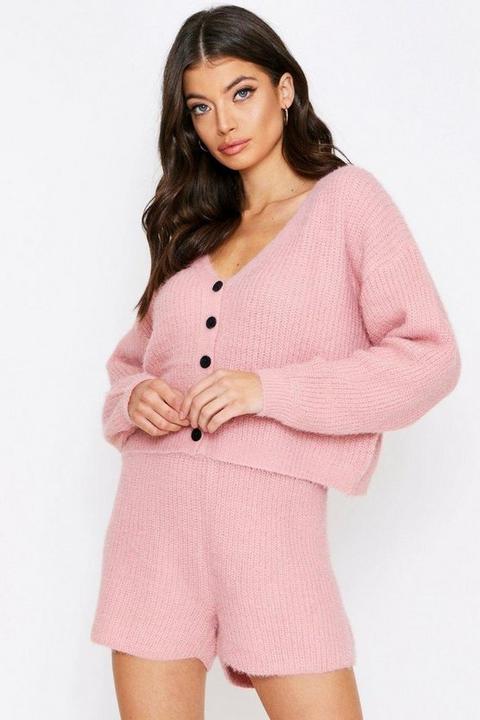 Womens Fluffy Knit Button Front Shorts Lounge Set - Pink - S, Pink