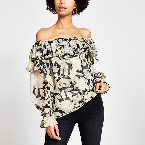 Black Floral Long Sleeve Bardot Top