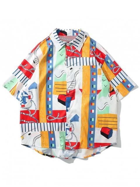 Camisa Asimétrica De Playa Con Estampado Gráfico Multi