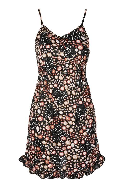 Womens Petite Ditsy Strappy Tunic Dress - Black, Black