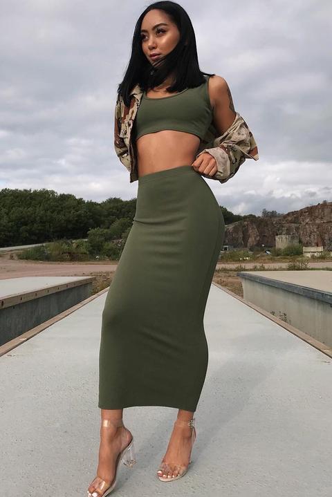 Khaki Bodycon Skirt And Crop Top Co-ord 