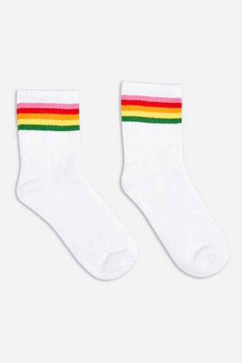 Womens Rainbow Striped Tube Socks - White, White