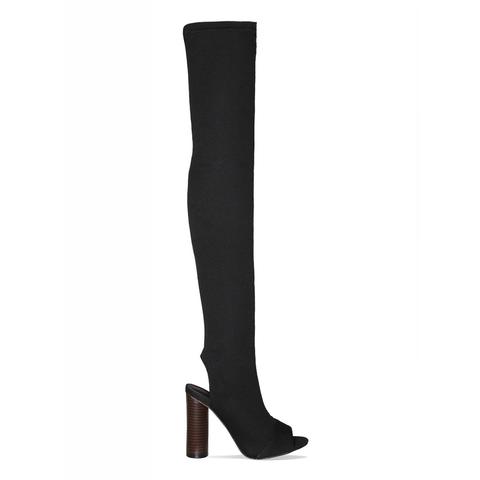 Cara Black Peep Toe Knitted Thigh High Boots