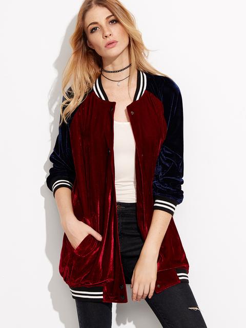 Burgundy Contrast Raglan Sleeve Velvet Bomber Jacket