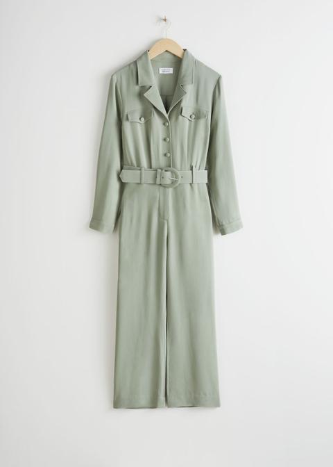 Belted Long Sleeve Jumpsuit - Green