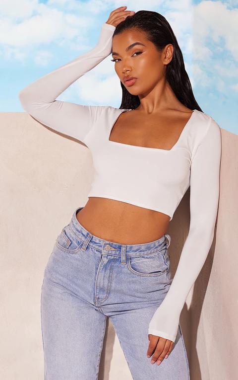 White Second Skin Square Neck Long Sleeve Crop Top