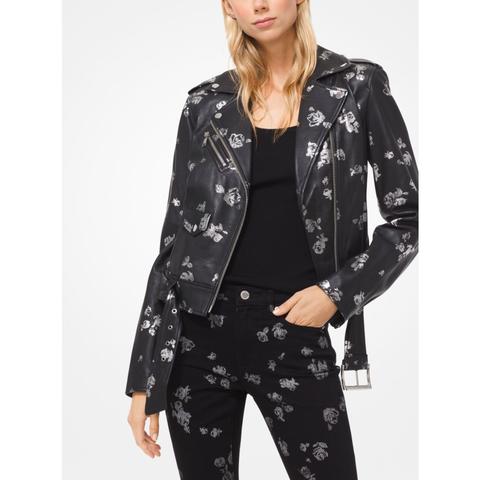 Metallic Rose Print Leather Moto Jacket