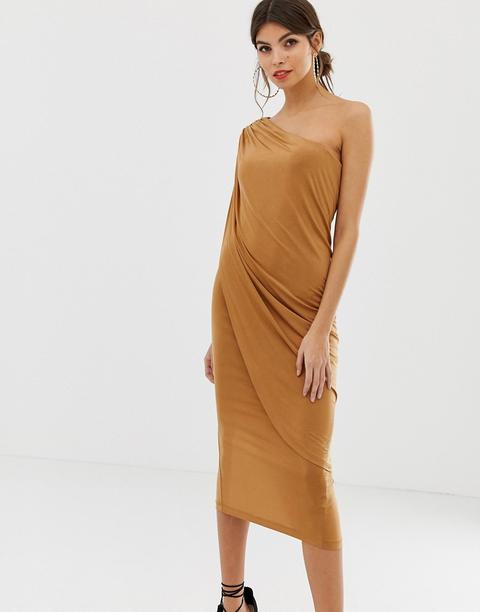 Asos Design - Vestito Midi Monospalla Sinuoso E Drappeggiato - Marrone