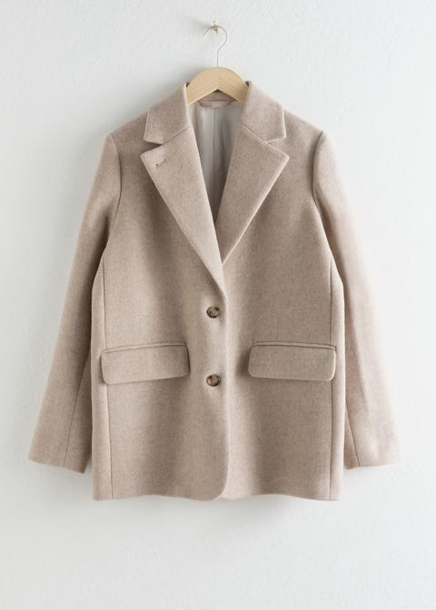 Wool Blend Oversized Blazer - Beige