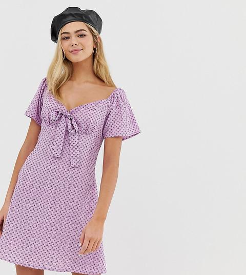 Vestido Con Escote Cuadrado, Estampado De Florecitas Y Lazada En La Parte Delantera De Wednesday's Girl-violeta