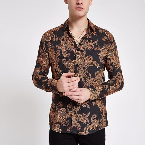 Black And Gold Baroque Print Slim Fit Shirt