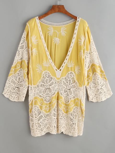 Giallo Con Scollo A V Ricamata Occhiello Crochet Lace Cover Up