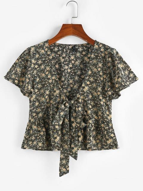 Zaful Blusa De Peplum Con Escote Pico De Mariposa Multi Light Green