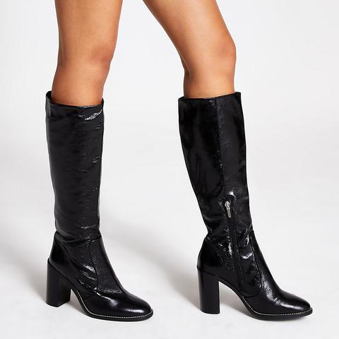 black leather block heel knee high boots