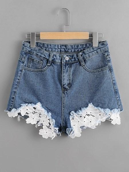 Shorts Denim Bajo Crudo Con Encaje En Contraste