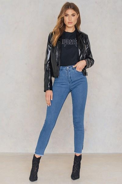 Na-kd Highwaist Long Side Slit Jeans - Blue