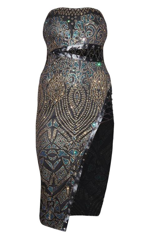 black glitter lace detail bandeau midi dress