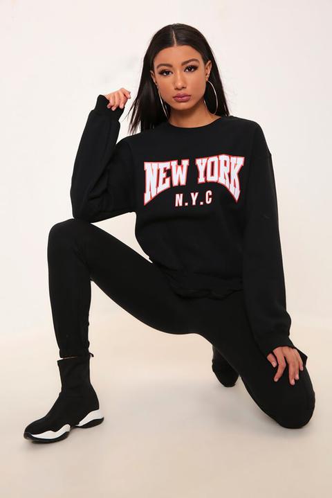 Black New York Nyc Slogan Oversized Sweatshirt