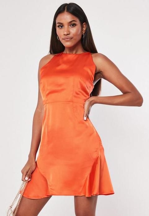 Orange Satin Flippy Hem Mini Dress, Orange