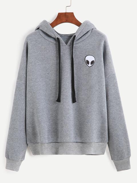 Grey Alien Print Hooded Sweatshirt