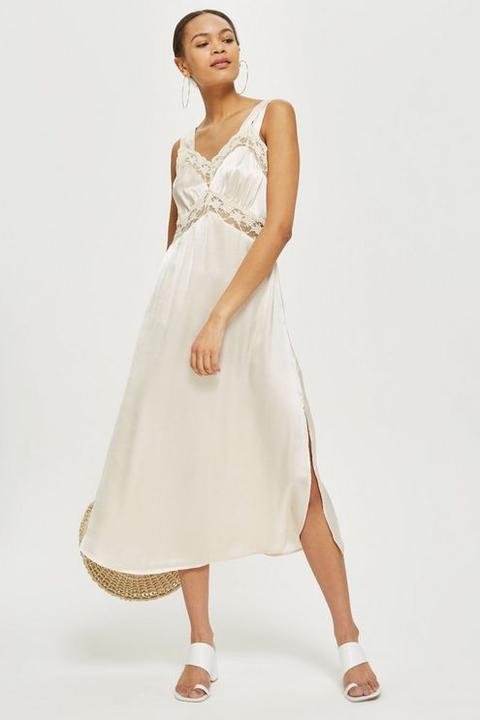 Womens Lace Satin Midi Slip Dress - Nude, Nude