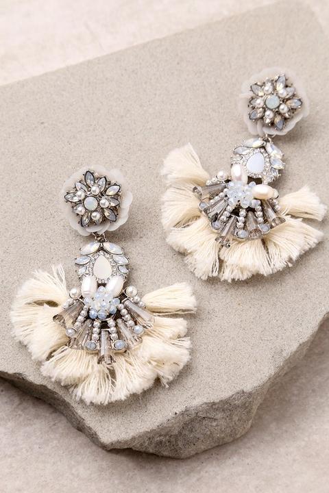 Shine Your Light Silver And Cream Rhinestone Tassel Earrings