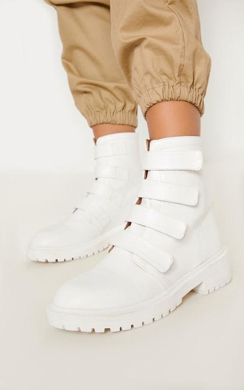 White Velcro Strap Biker Boot