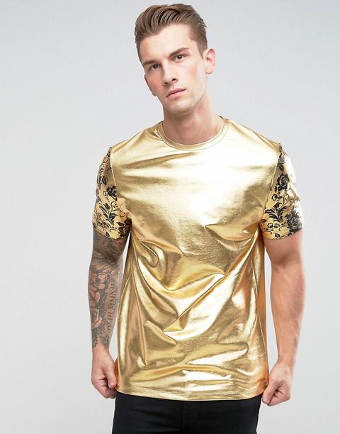 Asos - T-shirt Lunga Laminata Oro Con Maniche A Fiori - Oro