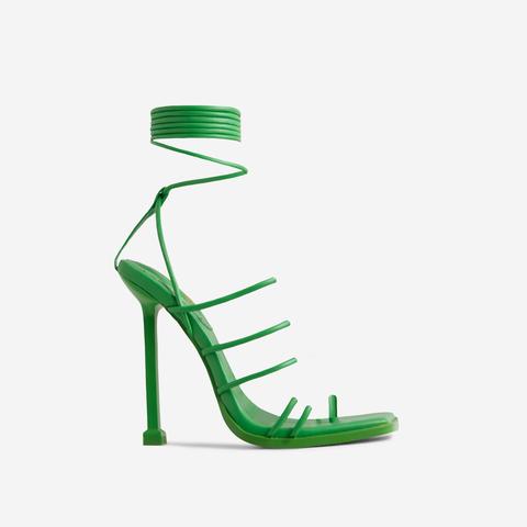 Remi Strappy Lace Up Square Toe Heel In Green Faux Leather, Green