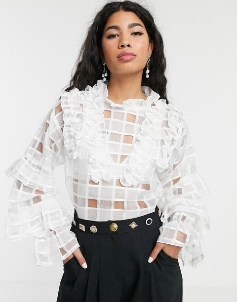 Blusa A Cuadros De Organza Transparente Con Detalle De Volantes De Sister Jane-blanco