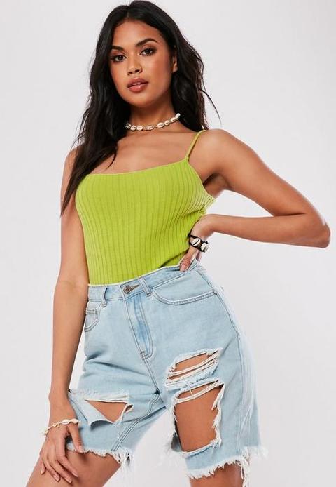 Lime Rib Square Neck Crop Top, Lime