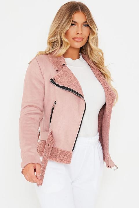 Pink Faux Suede And Borg Aviator Jacket