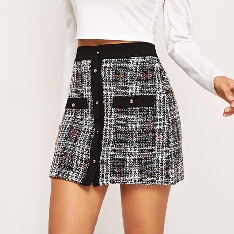 Solid Trim Button Up Tweed Skirt