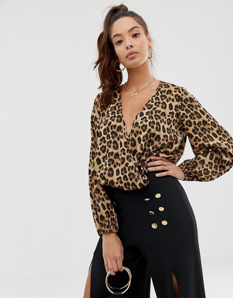 Asos Design - Body A Maniche Lunghe In Jacquard Animalier Con Scollo Profondo - Multicolore