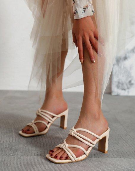 Mules À Talon Beiges Et Multiples Brides Nouées