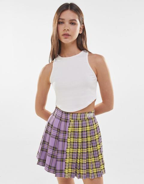 Two-tone Check Box Pleat Mini Skirt