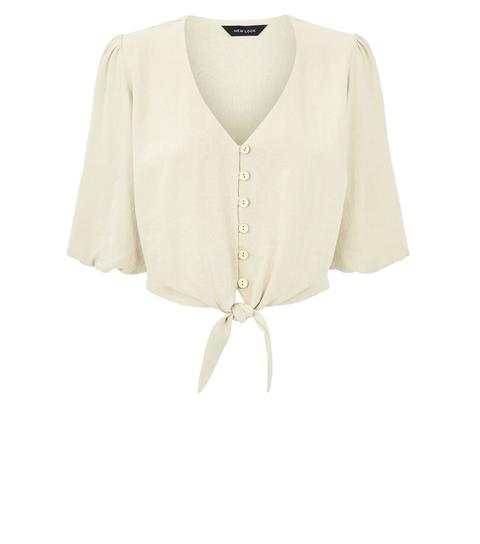 Stone Linen Look Tie Button Front Top New Look