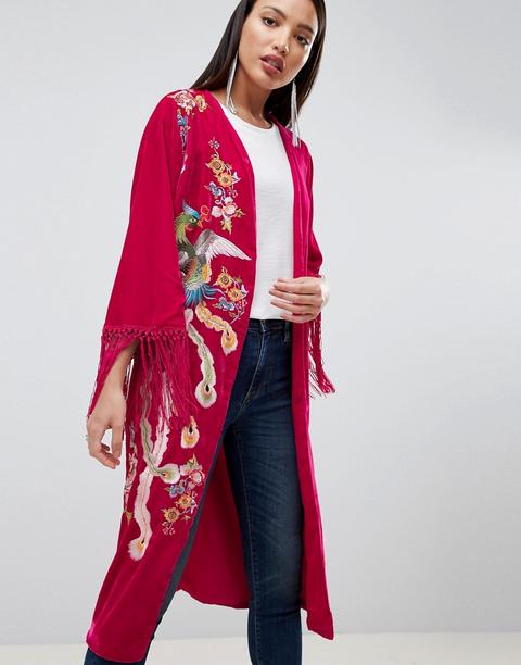 Asos Design - Kimono In Velluto Ricamato Con Frange - Rosa