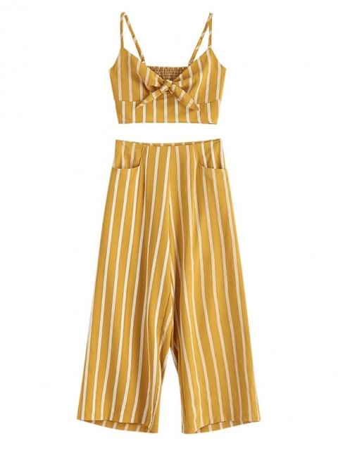 Zaful Smocked Stripes Tie Front Top Set Bee Yellow