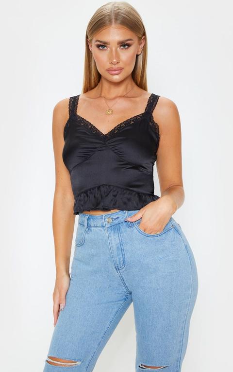 Black Lace Trim Ruffle Satin Crop Top