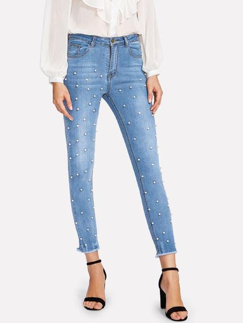 Pearl Beaded Frayed Hem Jeans